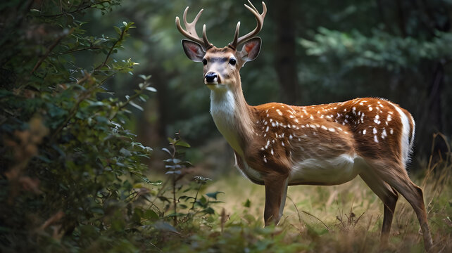  A fallow deer is standing amidst small, dense bushes generative ai