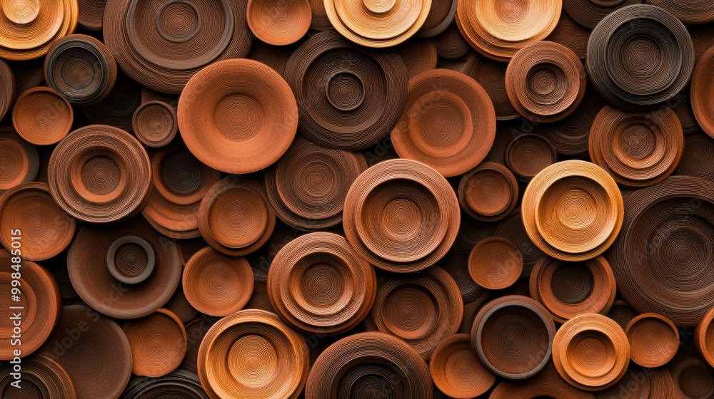 Poster an intricate arrangement of overlapping coffee cup rings in various brown shades creates a captivati