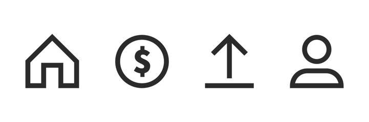 User, upload, home and money outlined isolated black buttons collection set. Vector icons in flat style