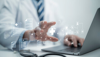 Health care and medical technology services concept. Medical worker with plus icon and healthcare medical icon and treatment report concept.health and access to welfare health.telemedicine