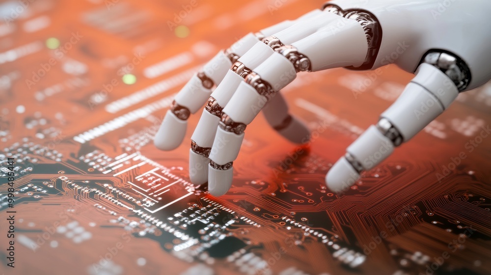 Poster this robotic hand inserts a circuit board into a colorful electronic device in a dimly-lit workshop,