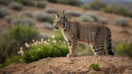 Obraz premium An Iberian lynx stands proudly atop a raised earthen mound generative ai