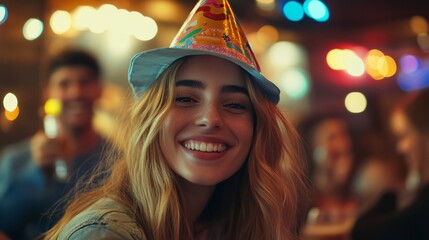 Fototapeta premium Wearing party hats, colleagues celebrate the New Year in style.