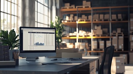 Office setup with computer showing warehouse stock management system
