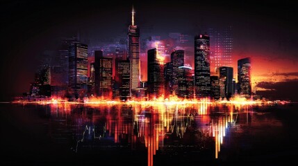 Fototapeta premium Watercolor cityscape with stock market data projected across the skyline, representing global finance, [financial city], [urban markets]