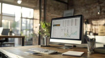 Office desk with computer showing warehouse inventory software
