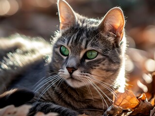 Fototapeta premium American Shorthair Cat in Dappled Sunlight Sterling Grey Coat Green Eyes