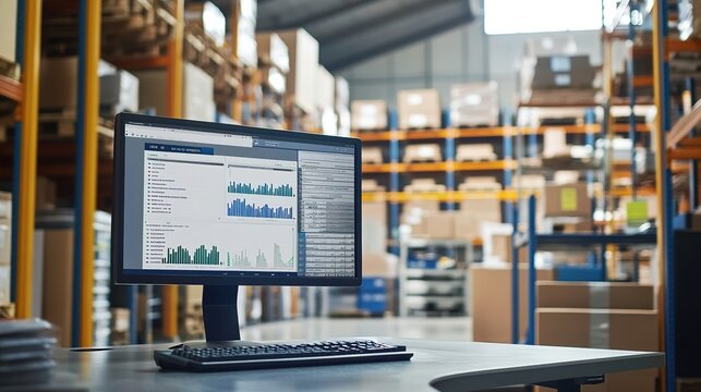 Office desk with computer showing warehouse inventory software
