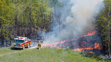 aerial view of firefighters creating a firebreak in a dense forest to control a wildfire