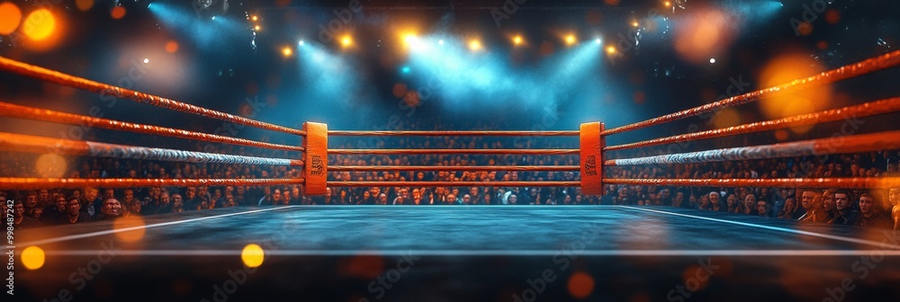 Poster illuminated boxing ring with vibrant lights, dynamic atmosphere from a blurred crowd in the backgrou