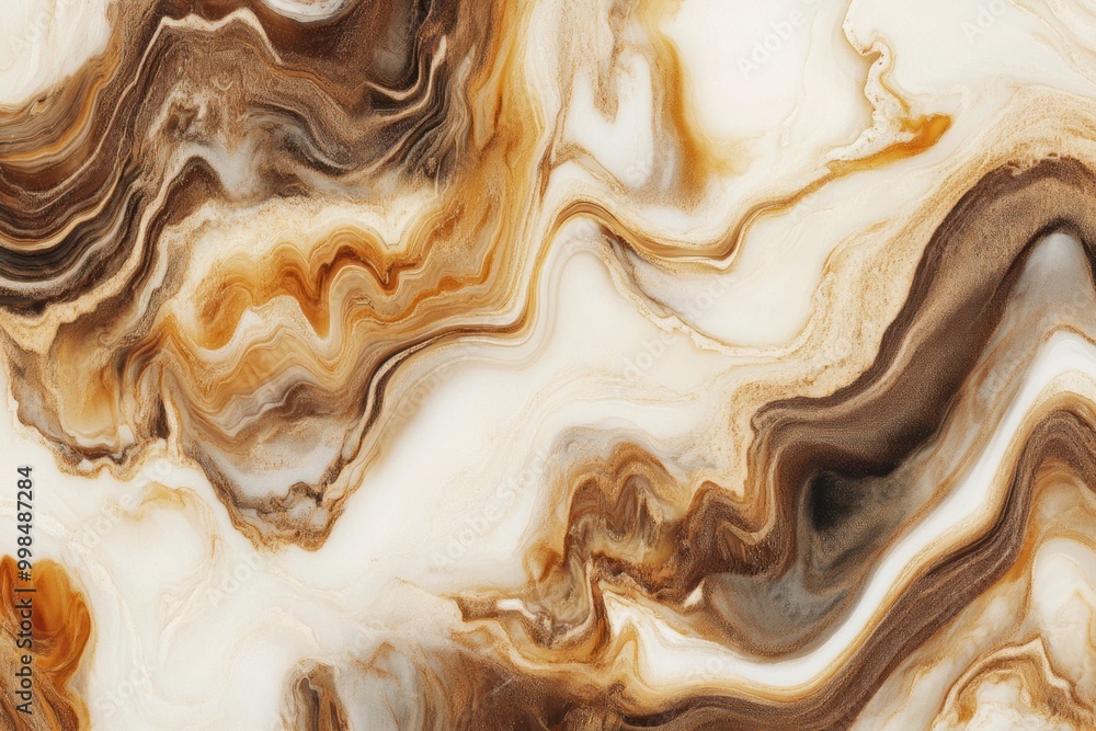 Poster Coffee and cream merge, producing a beautiful marbled abstract pattern with swirling warm hues on a smooth background. Generative AI