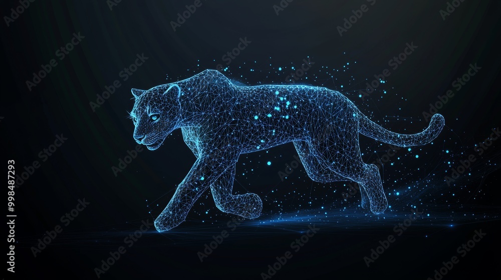 Poster running cheetah abstracted in blue lines and triangles.
