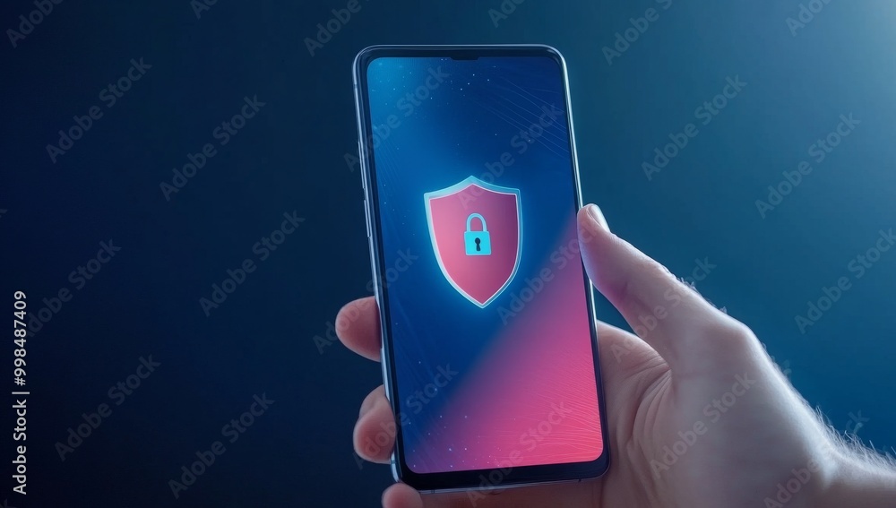 Poster close-up of smartphone screen displaying shield and lock outline symbolizing security in ai technolo