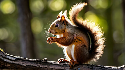 Fototapeta premium The American red squirrel perches on the top of a cracked, broken tree branch ai generative