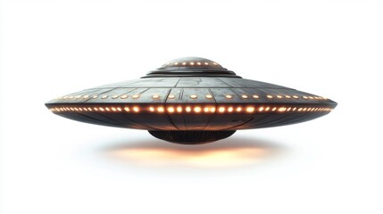 A UFO spaceship flying in the sky, isolated on a white background.