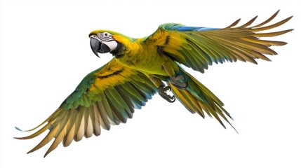 A flying Amazon parrot set against a white background