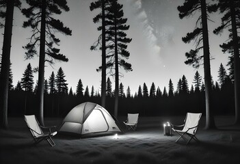 A camping tent set up in a grassy field surrounded by pine trees, with two folding camping chairs in the foreground