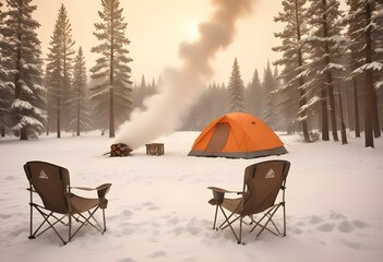 A camping tent set up in a grassy field surrounded by pine trees, with two folding camping chairs in the foreground