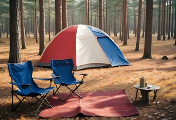 A camping tent set up in a grassy field surrounded by pine trees, with two folding camping chairs in the foreground