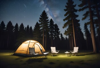 A camping tent set up in a grassy field surrounded by pine trees, with two folding camping chairs in the foreground