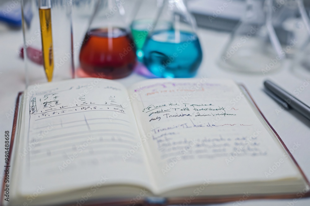 Poster open notebook with formulas and laboratory glassware containing colorful chemical liquid on table in