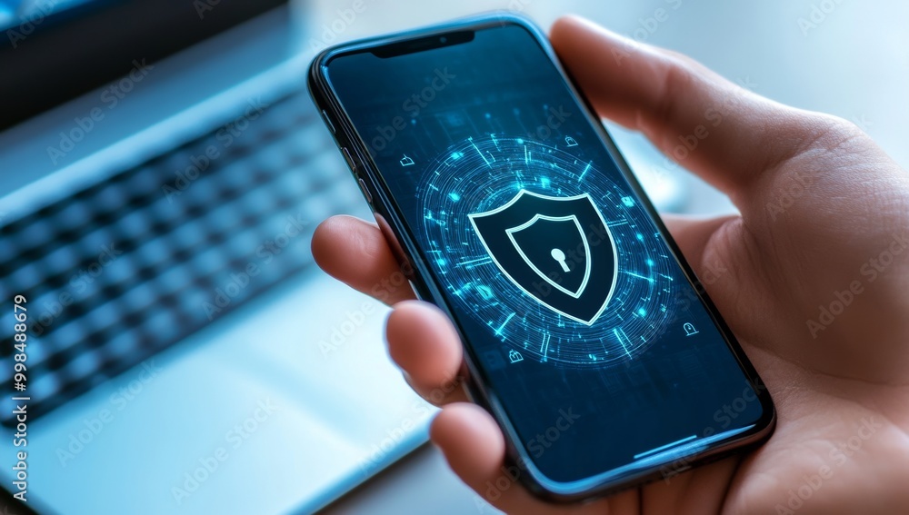 Poster hand holding smartphone displaying security symbols and cyber lines