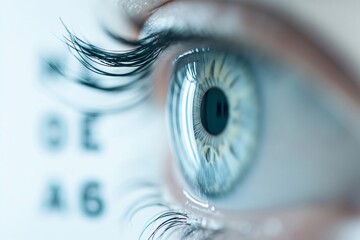 Close up of an eye with an eye test chart in the background, suggesting an eyesight test