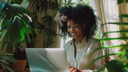 Close-up portrait of a smiling African American woman working on a laptop in a modern office with green plants, focused on work or online school