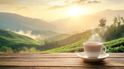 A tea plantation can be seen in the background behind a cup of hot tea on a wooden table.