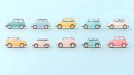 Fototapeta premium Minimal pastel car set of icons with rounded edges and soft colors placed on a plain background