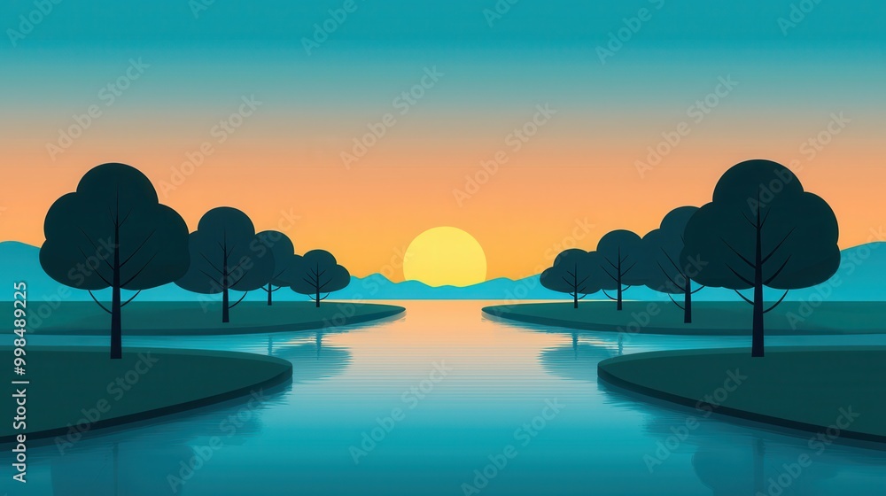 Canvas Prints serene sunset over calm river with trees and mountains in the background illustrating peaceful weath