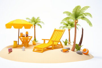 Obraz premium A sunny Sunday holiday at a serene beach, with soft golden sands, a clear blue sky, and gentle waves lapping at the shore. A beach umbrella, lounge chairs, a tropical drink sit in the white background