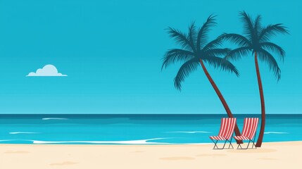 Obraz premium Tropical Beach Scene with Palm Trees and Lounge Chairs Under Clear Blue Sky