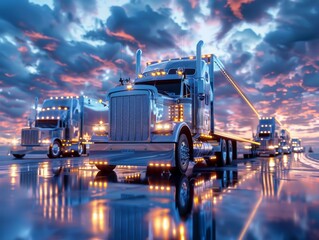 Minimalist background for transportation and delivery services, highlighting the journey of a trucker driving through a busy road in the logistics and shipping sector.

