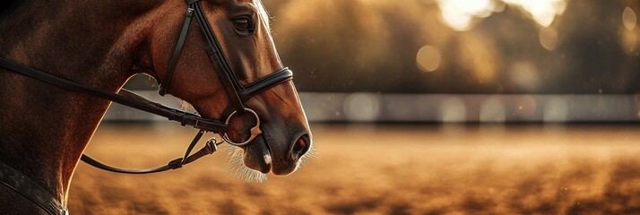 Horse bit in focus, blurred arena and action evoke excitement and tension of equestrian competition, capturing the spirit of the sport