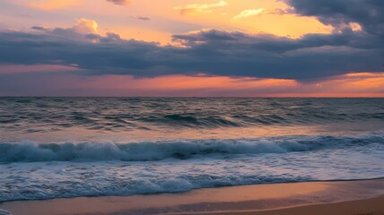 Fototapeta premium Cinematic Storm at Sunset with Waves Crashing on Shore
