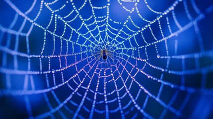 Fototapeta premium Close up of a spider web adorned with dew drops and a spider against a soft blue background