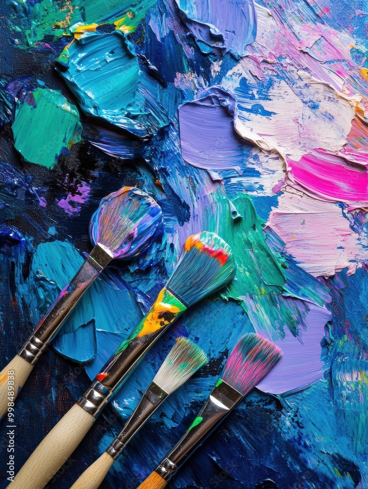 Poster bright paints and brushes are arranged atop a canvas, showcasing dynamic abstract brushstrokes and l