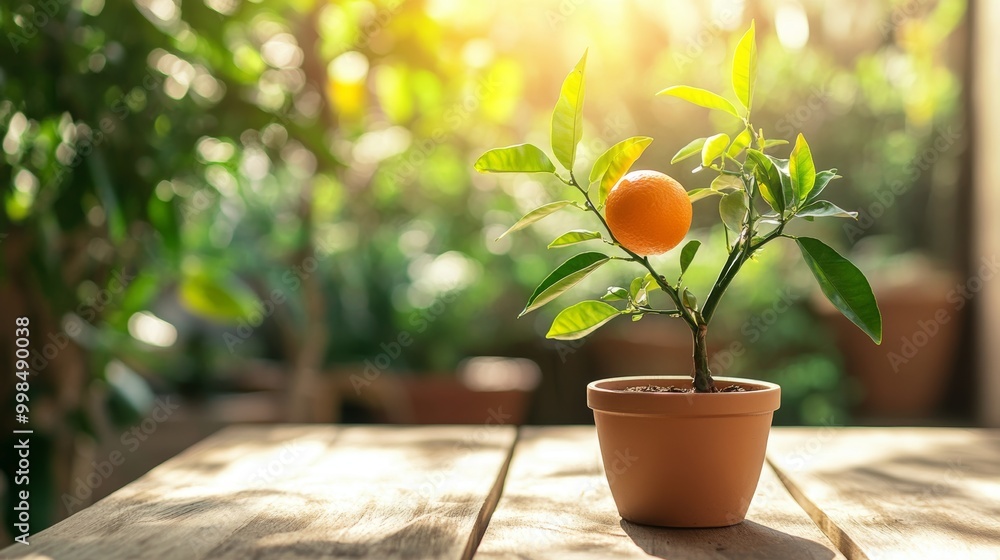 Aufkleber there is an orange tree surrounding a table on a farm and a wood table with a natural background dis