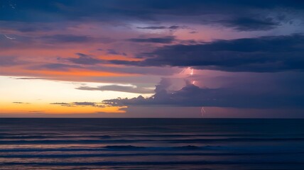 Obraz premium Stormy Sunset with Ocean Horizon and Lightning Bolts