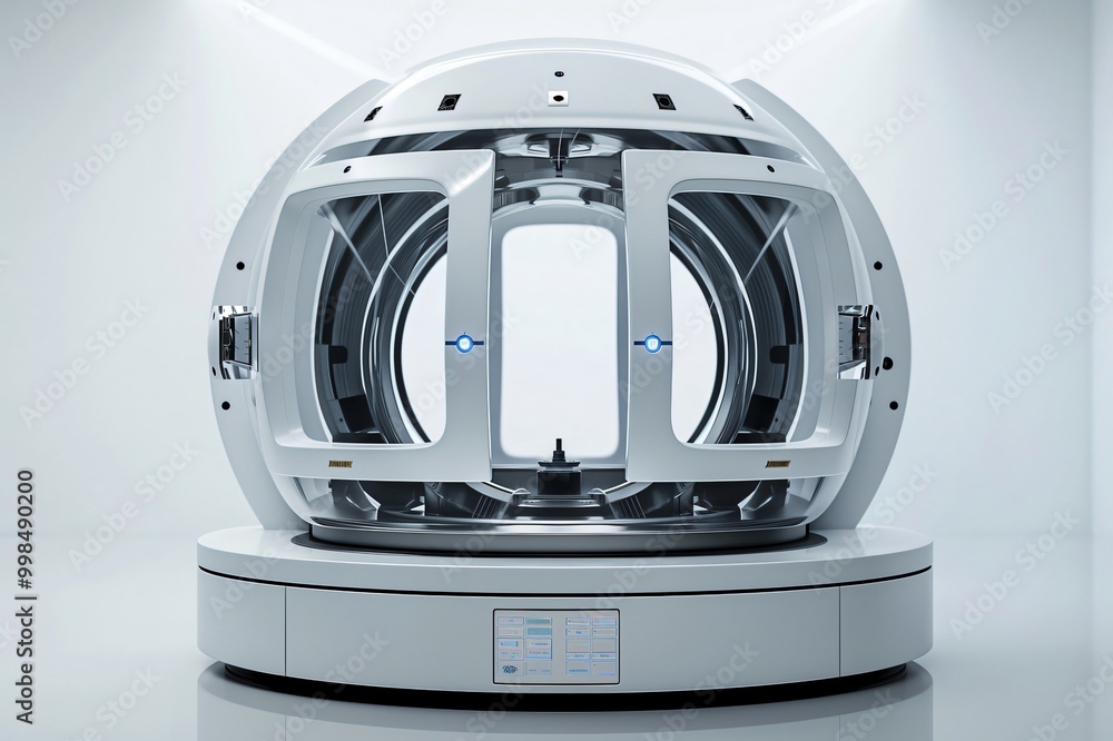 Poster futuristic centrifuge machine with an open loading chamber standing in a white laboratory