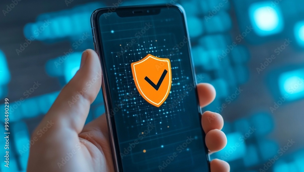 Poster hand holding smartphone displaying security symbols and cyber lines