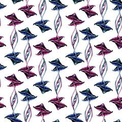 Abstract geometric seamless pattern with poisonous purple, green toadstools on green background. Watercolor illustration template for esoteric, witchcraft, Halloween: invitations, menu, cards