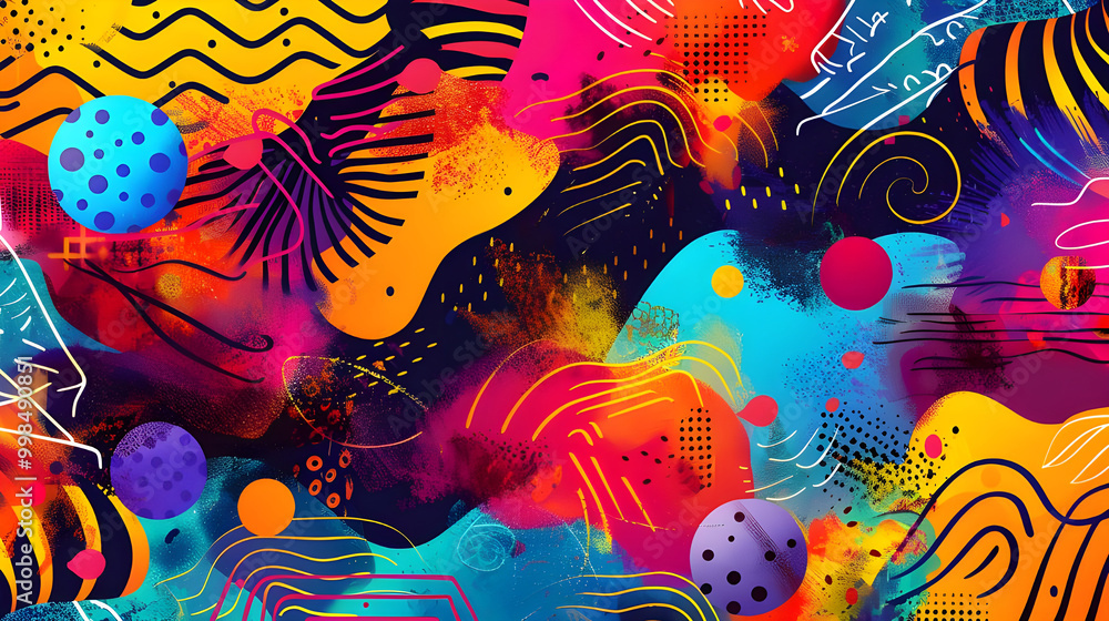 Poster vibrant abstract art with colorful shapes and patterns
