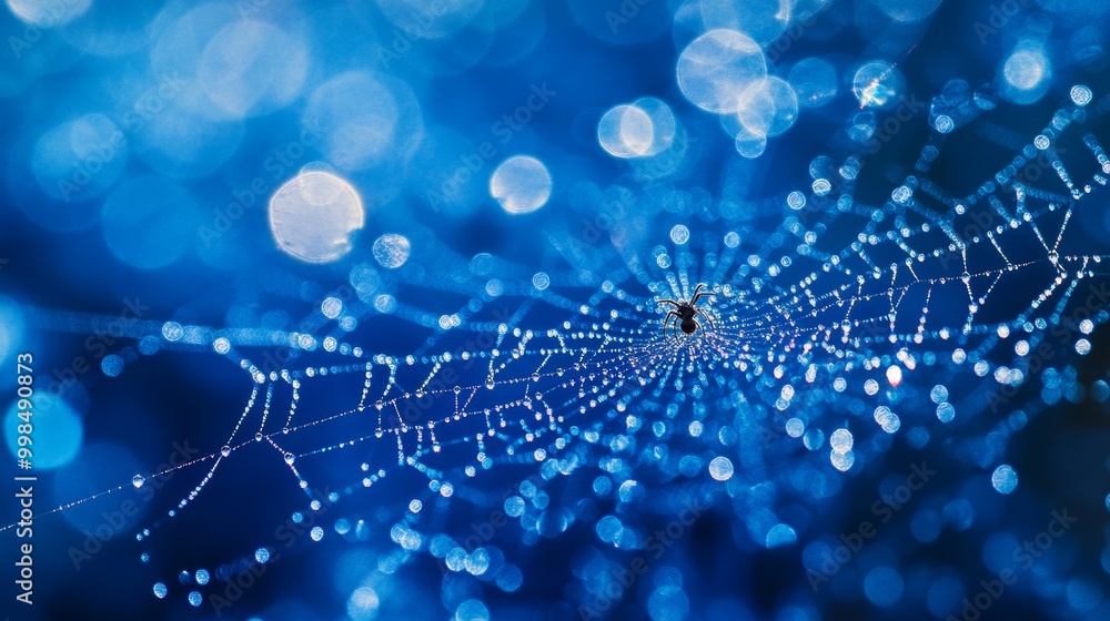 Poster close up of a spider web adorned with dew drops and a spider at its center against a blue background