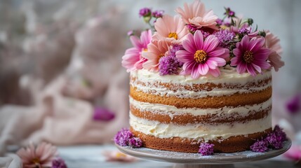A beautiful cake with pastel flowers on top, food photography in the style of minimalistic