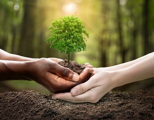 Two hands holding small green tree plant planted in forest nature soil, diversity, black and white skin, Caucasian and African American man, environment ecology community, friendship growth