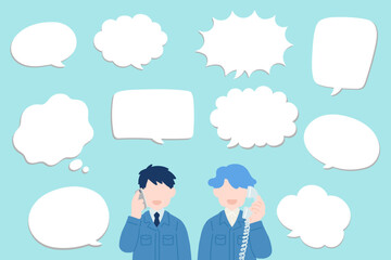 電話をするスーツに作業服を着た男性2人と吹き出しのフラットなイラスト(セット)