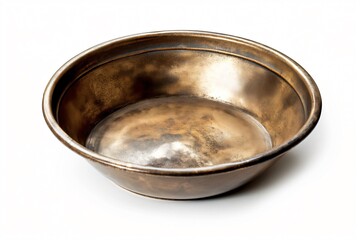 Shiny gold pan on white background, ready for treasures. Vintage metal bowl evokes gold rush era nostalgia. Studio shot captures mining adventure