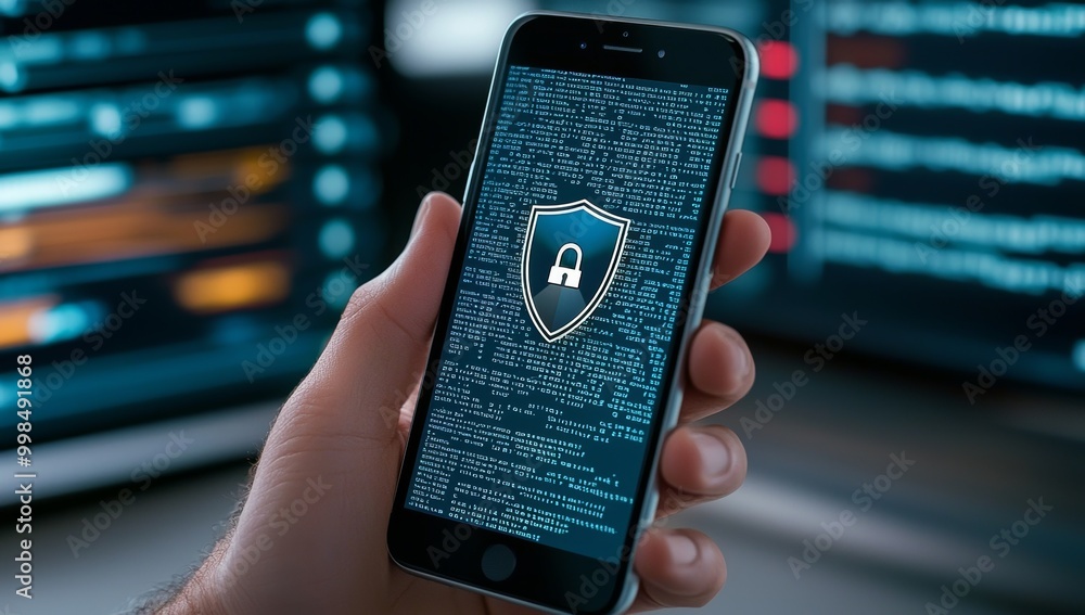 Poster close-up of smartphone screen displaying shield and lock outline symbolizing security in ai technolo